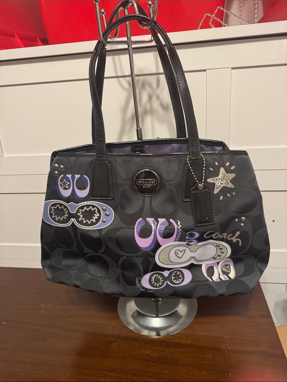 Coach Black Signature Tote with Lilac and Silver Graphic Accents